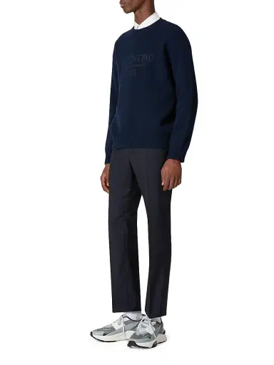 Valentino Garavani Men's Crewneck Wool Sweater with Embroidery - Navy | Thumbnail 5 Valentino Garavani Men's Crewneck Wool Sweater with Embroidery - Navy | Thumbnail 5