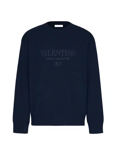 Valentino Garavani Men's Crewneck Wool Sweater with Embroidery - Navy | Thumbnail 1 Valentino Garavani Men's Crewneck Wool Sweater with Embroidery - Navy | Thumbnail 1
