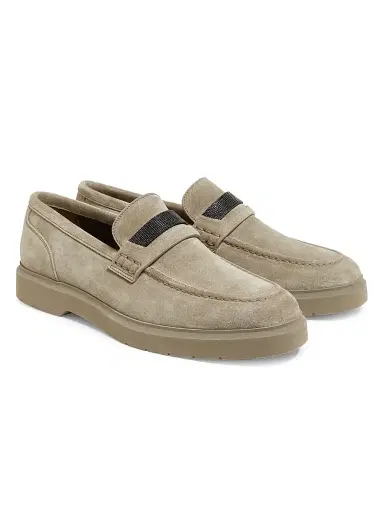 Brunello Cucinelli Women's Suede Penny Loafers - Beige | Thumbnail 2 Brunello Cucinelli Women's Suede Penny Loafers - Beige | Thumbnail 2