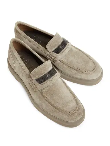 Brunello Cucinelli Women's Suede Penny Loafers - Beige | Thumbnail 4 Brunello Cucinelli Women's Suede Penny Loafers - Beige | Thumbnail 4