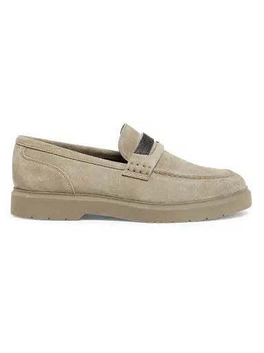 Brunello Cucinelli Women's Suede Penny Loafers - Beige | Thumbnail 1 Brunello Cucinelli Women's Suede Penny Loafers - Beige | Thumbnail 1