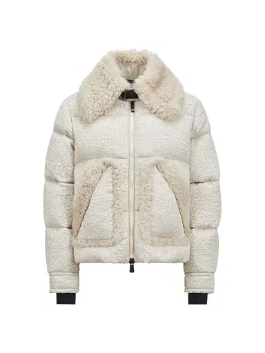 Moncler Grenoble Women's Stowe Metallic Boucle Jacket with Shearling Collar - Light Beige | Thumbnail 1 Moncler Grenoble Women's Stowe Metallic Boucle Jacket with Shearling Collar - Light Beige | Thumbnail 1