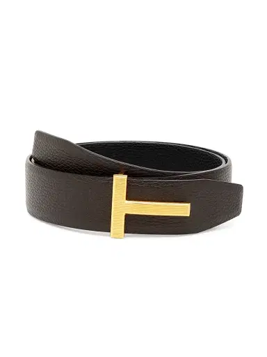 TOM FORD Men's Ridged T Buckle Reversible Leather Belt - Brown Black | Thumbnail 1 TOM FORD Men's Ridged T Buckle Reversible Leather Belt - Brown Black | Thumbnail 1