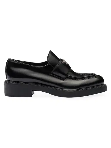 Prada Women's Chocolate Brushed Leather Loafers - Black | Thumbnail 1 Prada Women's Chocolate Brushed Leather Loafers - Black | Thumbnail 1