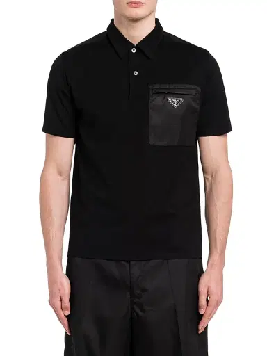 Prada Men's Stretch Cotton Polo Shirt with Nylon Details - Black - Size Medium | Thumbnail 2 Prada Men's Stretch Cotton Polo Shirt with Nylon Details - Black - Size Medium | Thumbnail 2