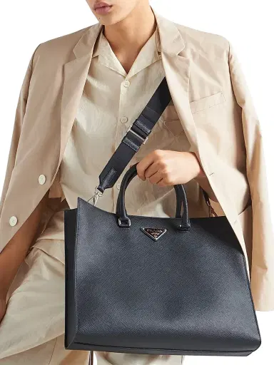 Prada Men's Saffiano Leather Tote Bag - Black | Thumbnail 2 Prada Men's Saffiano Leather Tote Bag - Black | Thumbnail 2