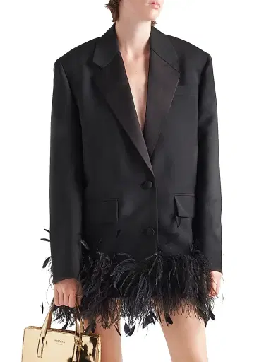 Prada Women's Single-Breasted Kid Mohair Jacket with Feathers - Black | Thumbnail 2 Prada Women's Single-Breasted Kid Mohair Jacket with Feathers - Black | Thumbnail 2