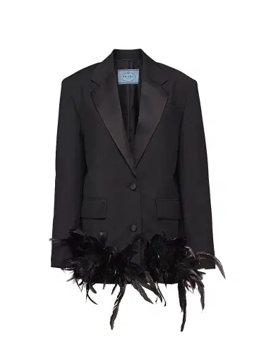 Prada Women's Single-Breasted Kid Mohair Jacket with Feathers - Black | Thumbnail 1 Prada Women's Single-Breasted Kid Mohair Jacket with Feathers - Black | Thumbnail 1
