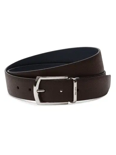 Prada Men's Reversible Saffiano Leather Belt - Brown Blue | Thumbnail 1 Prada Men's Reversible Saffiano Leather Belt - Brown Blue | Thumbnail 1