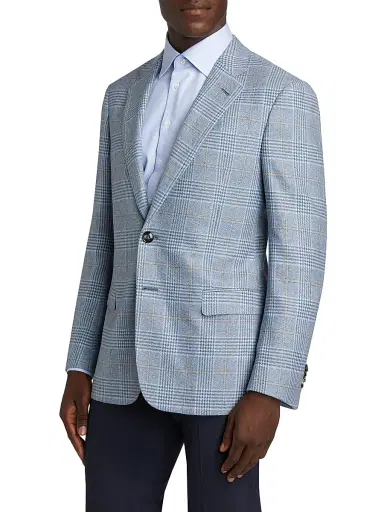 Giorgio Armani Men's Plaid Tailored Wool Jacket - Light Blue Tan | Thumbnail 4 Giorgio Armani Men's Plaid Tailored Wool Jacket - Light Blue Tan | Thumbnail 4