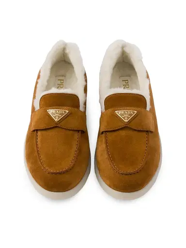 Prada Women's Suede and Shearling Loafers - Brown | Thumbnail 3 Prada Women's Suede and Shearling Loafers - Brown | Thumbnail 3