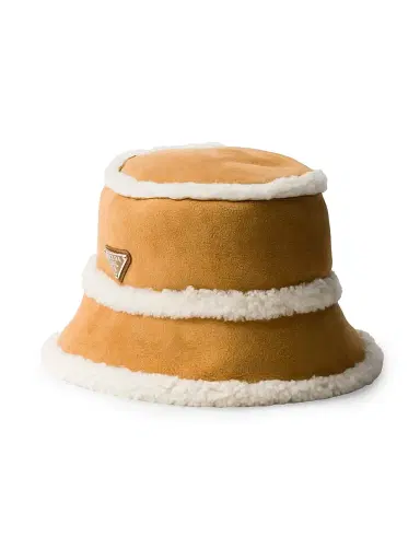 Prada Men's Suede Shearling Bucket Hat - Beige Khaki - Size XL | Thumbnail 1 Prada Men's Suede Shearling Bucket Hat - Beige Khaki - Size XL | Thumbnail 1