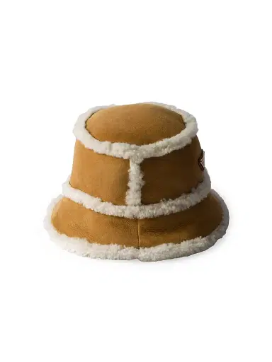 Prada Women's Suede Shearling Bucket Hat - Beige Khaki | Thumbnail 2 Prada Women's Suede Shearling Bucket Hat - Beige Khaki | Thumbnail 2