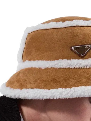 Prada Women's Suede Shearling Bucket Hat - Beige Khaki | Thumbnail 3 Prada Women's Suede Shearling Bucket Hat - Beige Khaki | Thumbnail 3