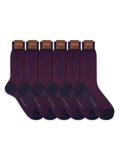 Stefano Ricci Men's 6-Pack Cotton Socks - Red Stripes - Size Large | Thumbnail 1 Stefano Ricci Men's 6-Pack Cotton Socks - Red Stripes - Size Large | Thumbnail 1