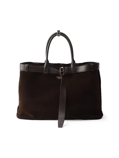 Prada Men's Buckle Suede Bag with Belt - Dark Brown | Thumbnail 1 Prada Men's Buckle Suede Bag with Belt - Dark Brown | Thumbnail 1