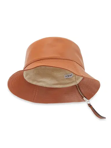 LOEWE Women's Leather Logo Bucket Hat - Tan | Thumbnail 1 LOEWE Women's Leather Logo Bucket Hat - Tan | Thumbnail 1
