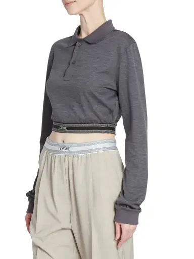 LOEWE Women's Cotton & Silk-Blend Cropped Long-Sleeve Polo Shirt - Charcoal Melange | Thumbnail 3 LOEWE Women's Cotton & Silk-Blend Cropped Long-Sleeve Polo Shirt - Charcoal Melange | Thumbnail 3