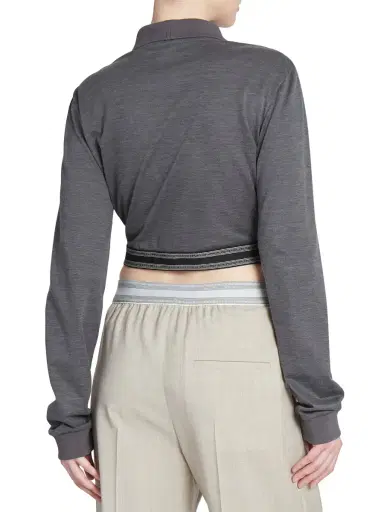 LOEWE Women's Cotton & Silk-Blend Cropped Long-Sleeve Polo Shirt - Charcoal Melange | Thumbnail 4 LOEWE Women's Cotton & Silk-Blend Cropped Long-Sleeve Polo Shirt - Charcoal Melange | Thumbnail 4