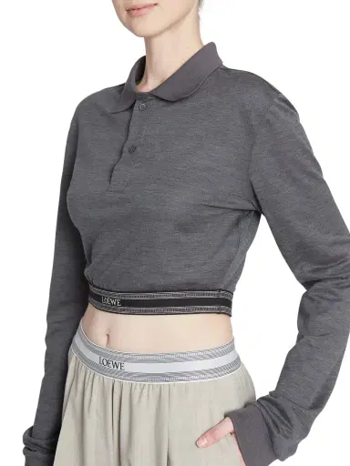 LOEWE Women's Cotton & Silk-Blend Cropped Long-Sleeve Polo Shirt - Charcoal Melange | Thumbnail 5 LOEWE Women's Cotton & Silk-Blend Cropped Long-Sleeve Polo Shirt - Charcoal Melange | Thumbnail 5