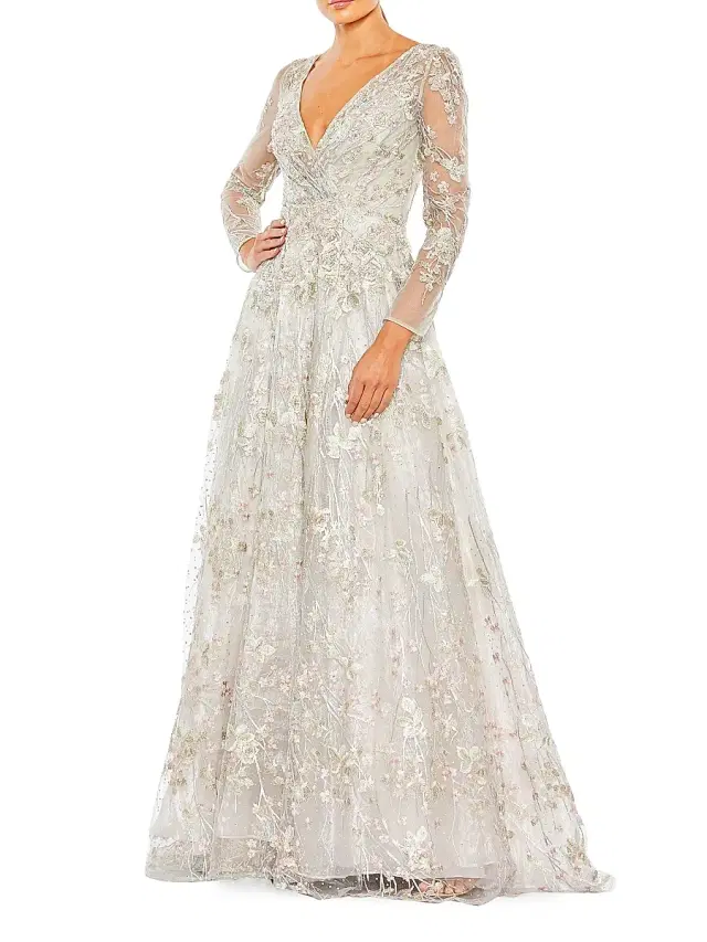 Women's Semi-Sheer Floral-Embroidered Gown - Pastel Multi Women's Semi-Sheer Floral-Embroidered Gown - Pastel Multi