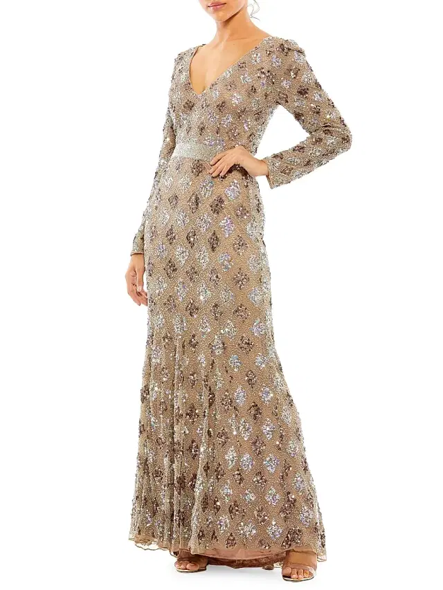 Women's Long-Sleeve Beaded A-Line Gown - Mocha Women's Long-Sleeve Beaded A-Line Gown - Mocha
