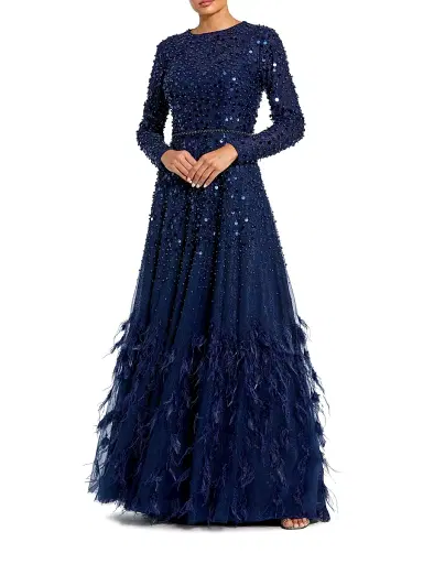 Mac Duggal Women's Sequin & Feather Embellished Gown - Midnight | Thumbnail 1 Mac Duggal Women's Sequin & Feather Embellished Gown - Midnight | Thumbnail 1