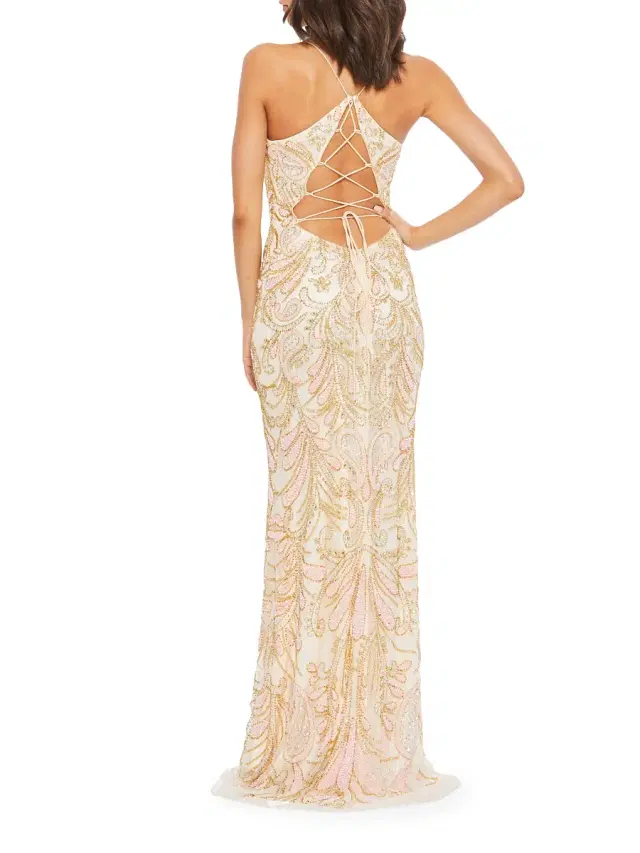 Women's Sequin-Embellished Lace-Up Back Gown - Champagne Women's Sequin-Embellished Lace-Up Back Gown - Champagne