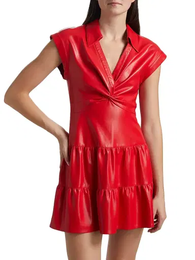 ALICE + OLIVIA Women's Mila Faux Leather Twist-Front Minidress - Bright Ruby | Thumbnail 3 ALICE + OLIVIA Women's Mila Faux Leather Twist-Front Minidress - Bright Ruby | Thumbnail 3