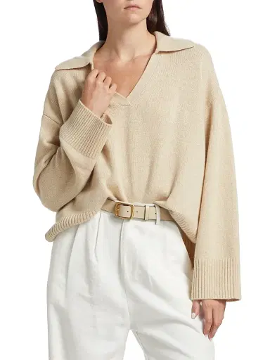 Reformation Women's Sawyer Oversized Cashmere & Wool Polo Sweater - Eco Beige | Thumbnail 3 Reformation Women's Sawyer Oversized Cashmere & Wool Polo Sweater - Eco Beige | Thumbnail 3