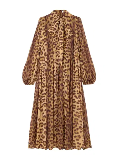 Zimmermann Crush Tie-neck Pleated Leopard-print Crepe De Chine Midi Dress | Thumbnail 1 Zimmermann Crush Tie-neck Pleated Leopard-print Crepe De Chine Midi Dress | Thumbnail 1