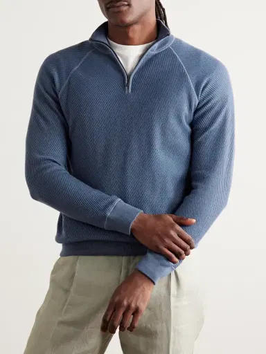 Loro Piana Ribbed Cashmere and Silk-Blend Half-Zip Sweater - Men | Thumbnail 3 Loro Piana Ribbed Cashmere and Silk-Blend Half-Zip Sweater - Men | Thumbnail 3