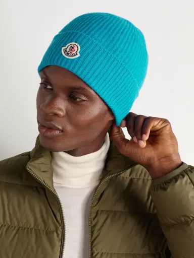 Moncler Appliquéd Ribbed Virgin Wool and Cashmere-Blend Beanie - Men | Thumbnail 2 Moncler Appliquéd Ribbed Virgin Wool and Cashmere-Blend Beanie - Men | Thumbnail 2