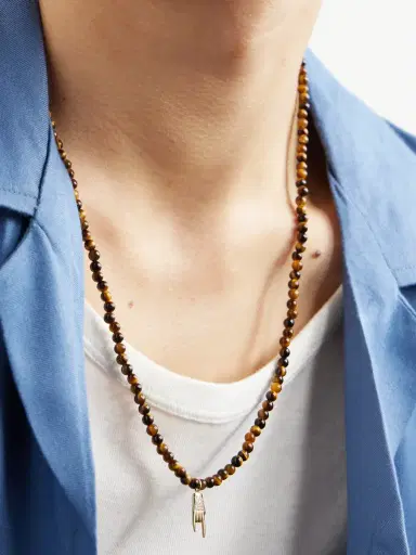 Sydney Evan Small Mano Cornuto Gold, Tiger's Eye and Diamond Beaded Necklace - Men | Thumbnail 2 Sydney Evan Small Mano Cornuto Gold, Tiger's Eye and Diamond Beaded Necklace - Men | Thumbnail 2