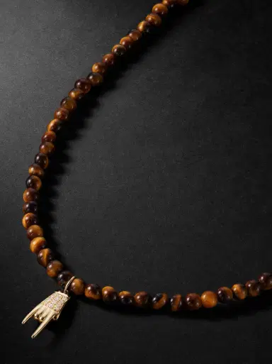 Sydney Evan Small Mano Cornuto Gold, Tiger's Eye and Diamond Beaded Necklace - Men | Thumbnail 1 Sydney Evan Small Mano Cornuto Gold, Tiger's Eye and Diamond Beaded Necklace - Men | Thumbnail 1