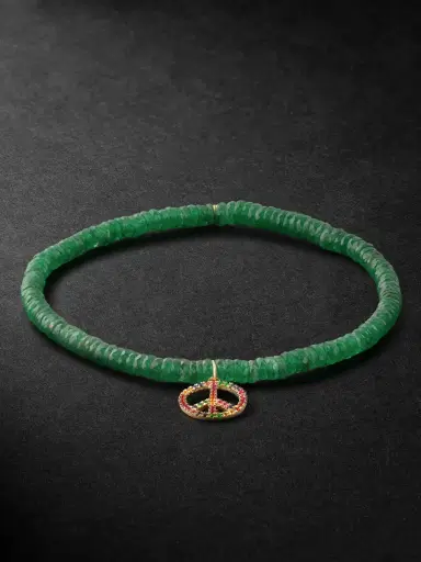 Sydney Evan Rainbow Peace Sign Gold Multi-Stone Beaded Bracelet - Men | Thumbnail 1 Sydney Evan Rainbow Peace Sign Gold Multi-Stone Beaded Bracelet - Men | Thumbnail 1