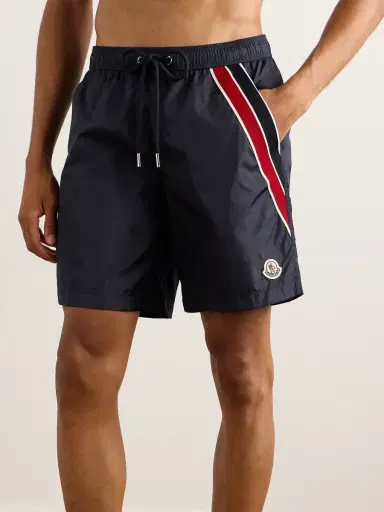 Moncler Straight-Leg Mid-Length Logo-Appliquéd Striped Swim Shorts - Men | Thumbnail 2 Moncler Straight-Leg Mid-Length Logo-Appliquéd Striped Swim Shorts - Men | Thumbnail 2