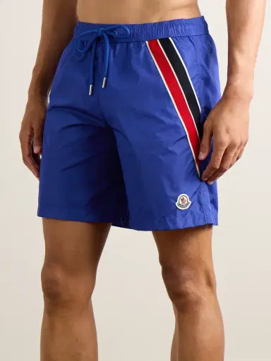 Moncler Straight-Leg Mid-Length Logo-Appliquéd Striped Recycled Swim Shorts - Men | Thumbnail 2 Moncler Straight-Leg Mid-Length Logo-Appliquéd Striped Recycled Swim Shorts - Men | Thumbnail 2