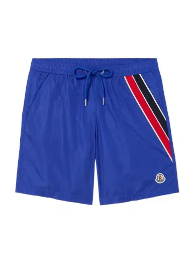 Moncler Straight-Leg Mid-Length Logo-Appliquéd Striped Recycled Swim Shorts - Men | Thumbnail 1 Moncler Straight-Leg Mid-Length Logo-Appliquéd Striped Recycled Swim Shorts - Men | Thumbnail 1