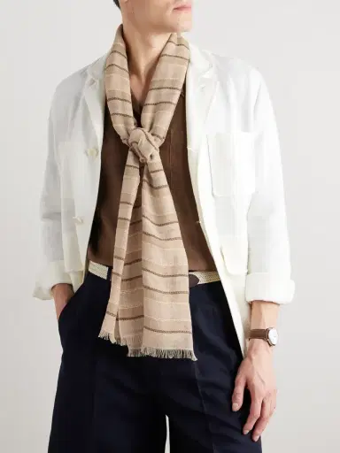 Loro Piana Nakaumi Frayed Striped Silk, Linen and Cotton-Blend Scarf - Men | Thumbnail 2 Loro Piana Nakaumi Frayed Striped Silk, Linen and Cotton-Blend Scarf - Men | Thumbnail 2