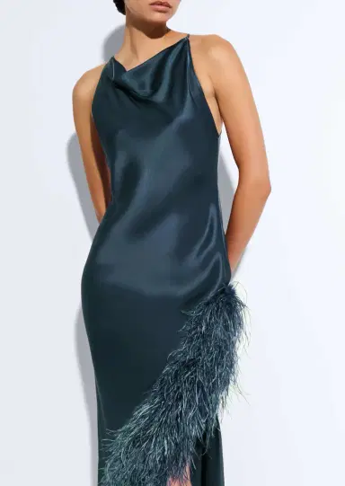 Lapointe Satin Halter Gown With Feathers | Thumbnail 3 Lapointe Satin Halter Gown With Feathers | Thumbnail 3