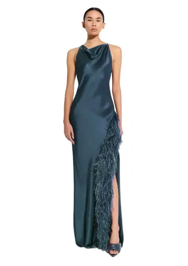 Lapointe Satin Halter Gown With Feathers | Thumbnail 1 Lapointe Satin Halter Gown With Feathers | Thumbnail 1