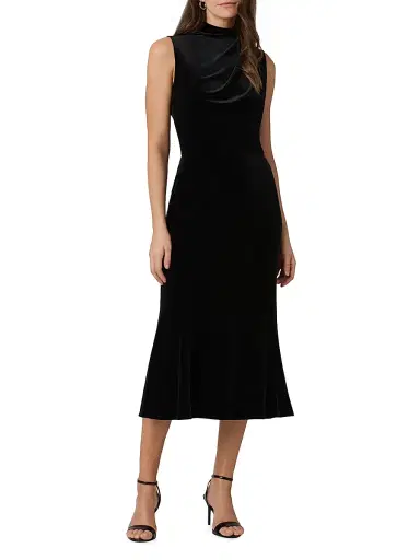 Shoshanna Women's Audrey Velvet Draped Midi-Dress - Jet | Thumbnail 2 Shoshanna Women's Audrey Velvet Draped Midi-Dress - Jet | Thumbnail 2