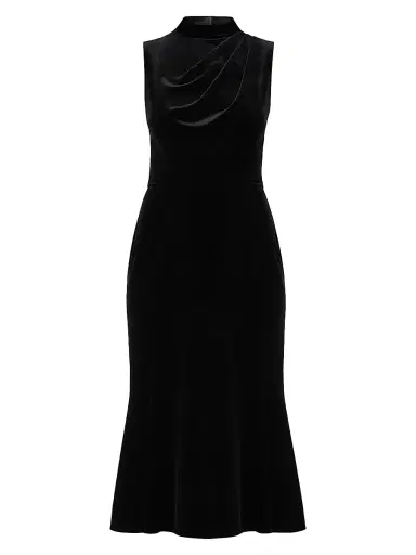 Shoshanna Women's Audrey Velvet Draped Midi-Dress - Jet | Thumbnail 1 Shoshanna Women's Audrey Velvet Draped Midi-Dress - Jet | Thumbnail 1