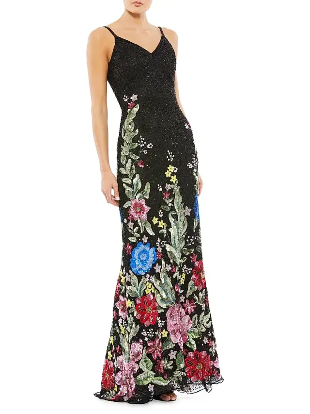 Women's Beaded Floral Sheath Gown - Black Multi Women's Beaded Floral Sheath Gown - Black Multi