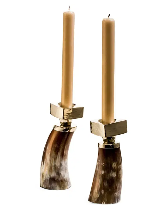 Two-Piece Wood, Bull Horn & German Silver Candle Holders Two-Piece Wood, Bull Horn & German Silver Candle Holders