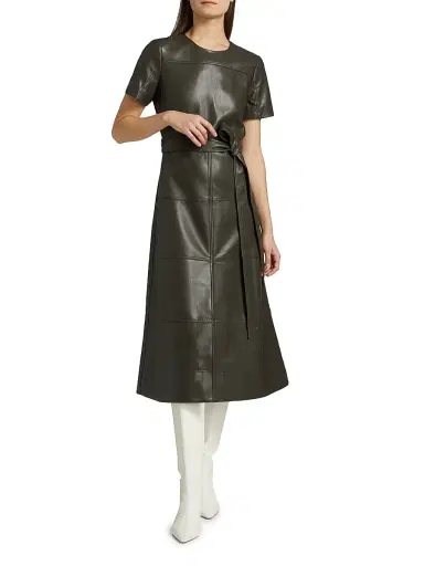 TANYA TAYLOR Women's Ella Faux Leather Belted Midi-Dress - Deep Army - Size 2 | Thumbnail 3 TANYA TAYLOR Women's Ella Faux Leather Belted Midi-Dress - Deep Army - Size 2 | Thumbnail 3