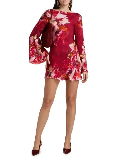 Hemant & Nandita Women's Tuhi Floral Silk Boatneck Minidress - Burgundy Mix | Thumbnail 2 Hemant & Nandita Women's Tuhi Floral Silk Boatneck Minidress - Burgundy Mix | Thumbnail 2