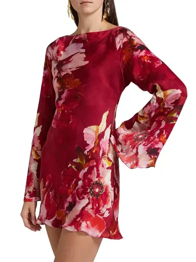 Hemant & Nandita Women's Tuhi Floral Silk Boatneck Minidress - Burgundy Mix | Thumbnail 4 Hemant & Nandita Women's Tuhi Floral Silk Boatneck Minidress - Burgundy Mix | Thumbnail 4