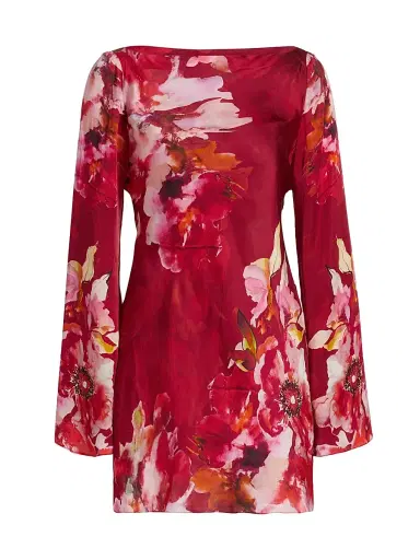 Hemant & Nandita Women's Tuhi Floral Silk Boatneck Minidress - Burgundy Mix | Thumbnail 1 Hemant & Nandita Women's Tuhi Floral Silk Boatneck Minidress - Burgundy Mix | Thumbnail 1